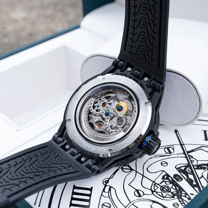 OBLVLO Mens Luxury Machinery Skeleton Mechanical Automatic Watches Analog Big Dial Blue Rubber Band Military Watch RD-909