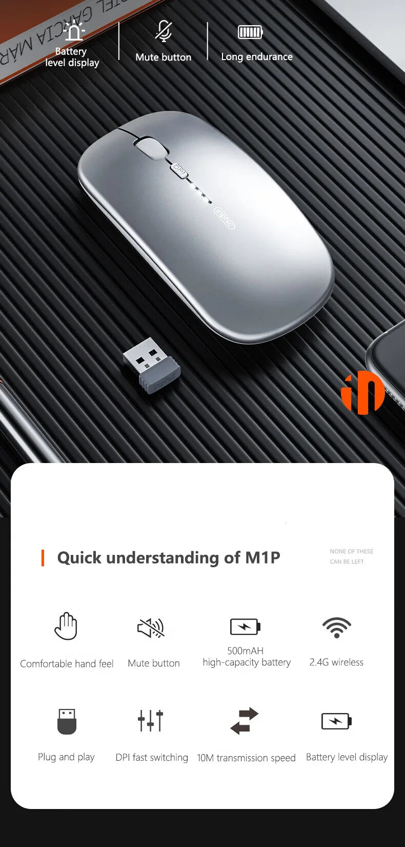 Ratón inalámbrico silencioso de oficina Inphic M1P ultrafino portátil con interfaz USB, indicador de batería y carga TYPE-C