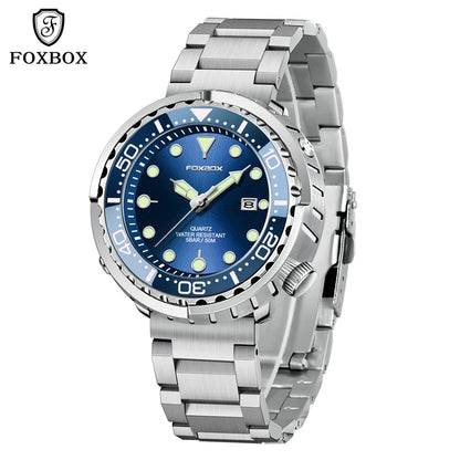 FOXBOX  Top Brand Fashion Diver Watch Men 50ATM Waterproof Date Clock Sport Watches Mens Quartz Wristwatch Relogio Masculino