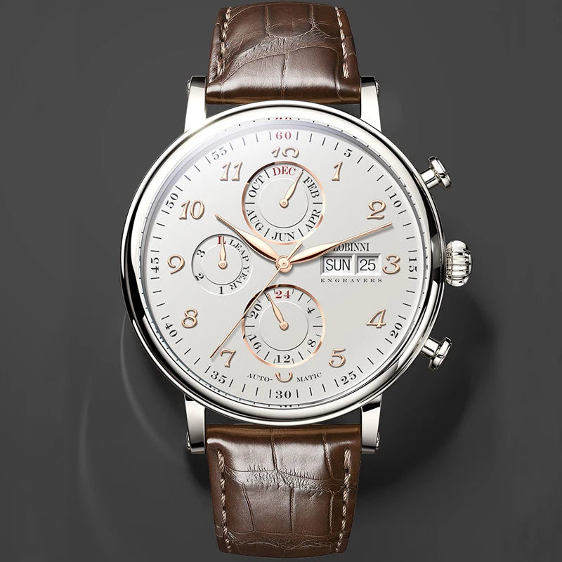 Reloj de lujo suizo LOBINNI para hombre, mecánico automático con calendario perpetuo, cristal de zafiro y multifunción L13019-8