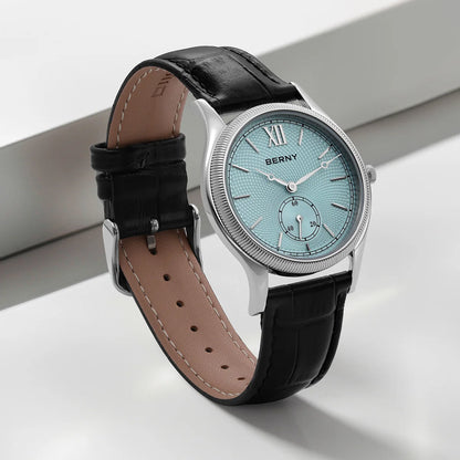 BERNY Watches for Men Luxury Slim Classic Stylish Dress Quartz Watch Stainless Steel Case Elegance Leather Band Wristwatch