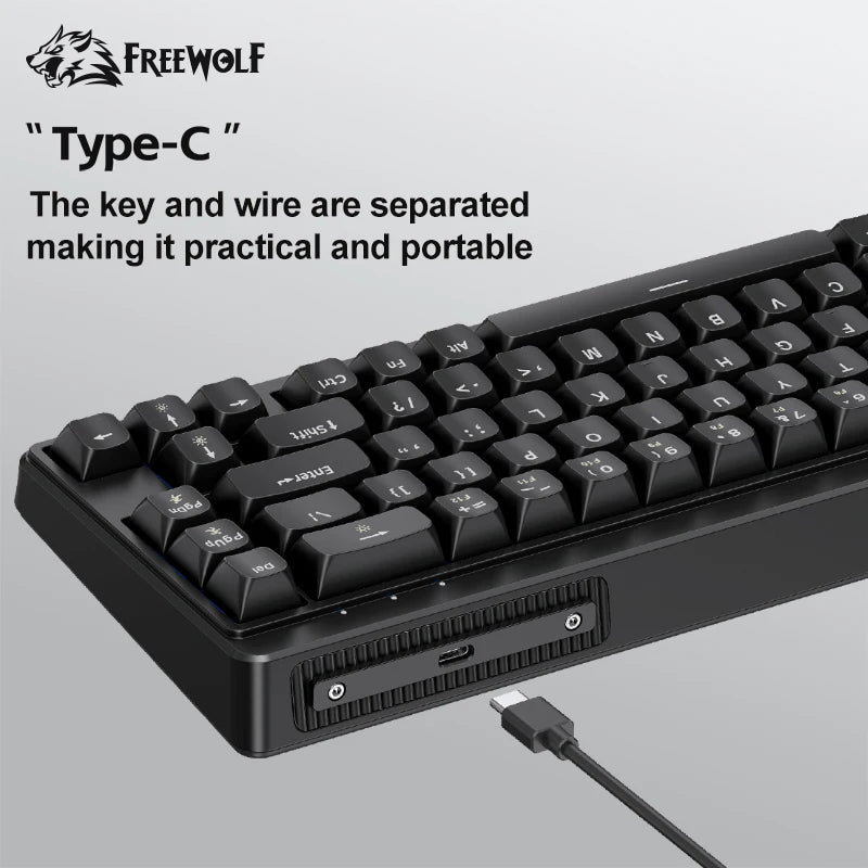 FREEWOLF M68SE 68% Mini Wired Keyboard RGB Backlit Silent Mechanical Feel Type-C Detachable Cable for PC Mac