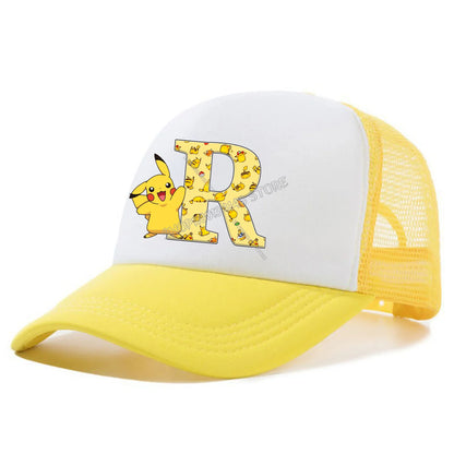 Cappellino con visiera Pokemon Pikachu, cappellini da baseball con lettere A-Z in stile cartone animato, cappellino estivo alla moda in rete traspirante, cappellino coordinato genitore-figlio, cappotto da bambino, regalo per bambini