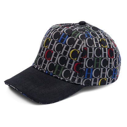 Șapcă de baseball cu imprimeu monogramă CH, structurată, ajustabilă, unisex, tip „dad hat”, cu vizieră de soare, stil streetwear, din țesătură neagră, șapcă casual