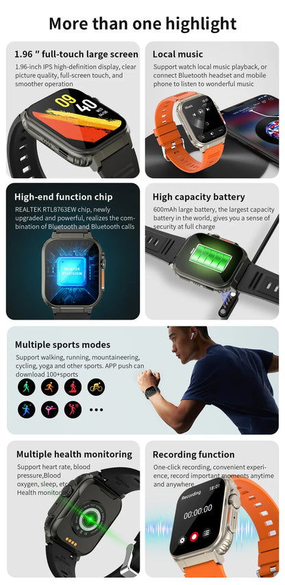 LIGE 600mAh New Ultra Smart Watch Men Bluetooth Call TWS Local Music Sport Clock 1.96'' IP68 Waterproof Relógio Smartwatch Women