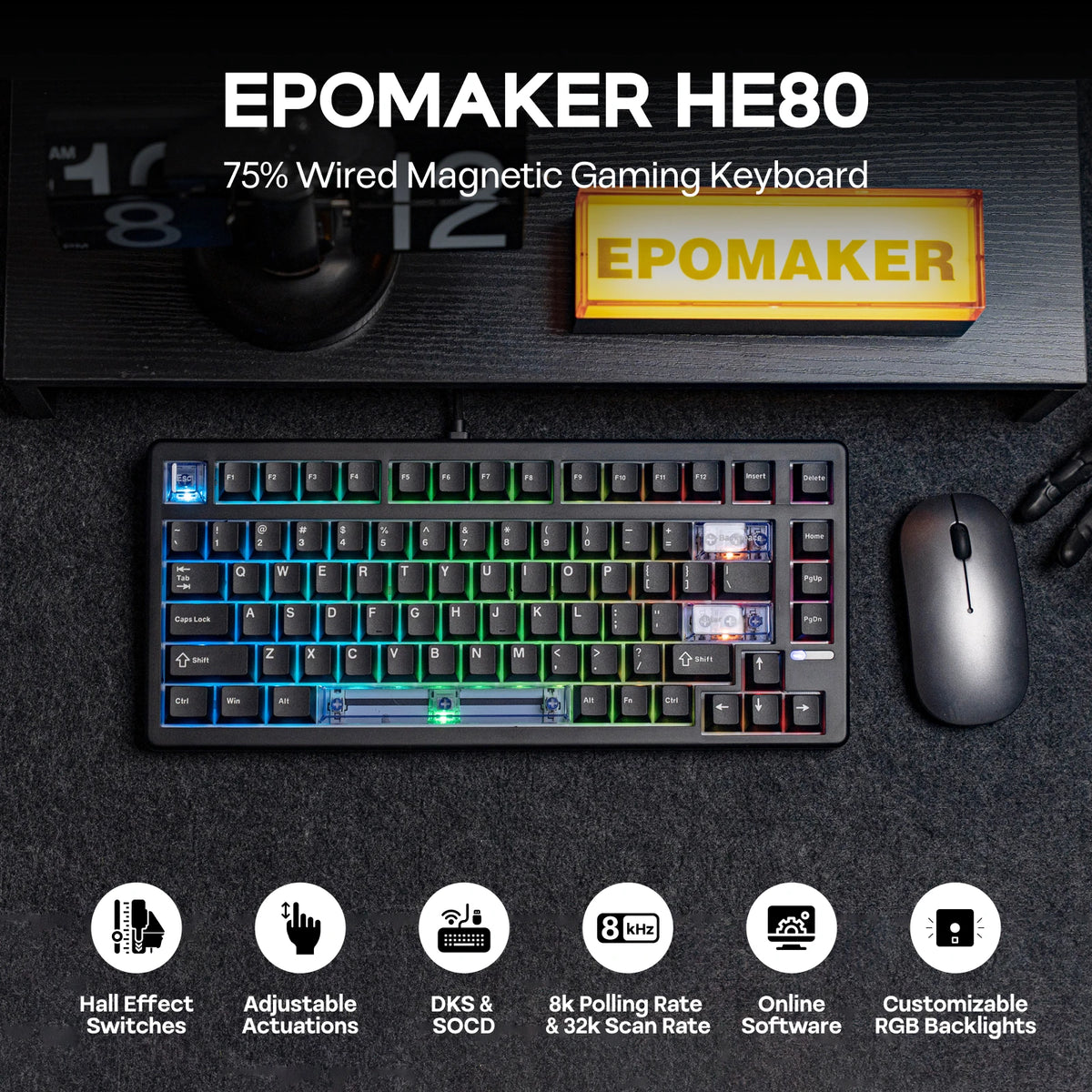 EPOMAKER HE80 75% dispunere QWERTY SUA, tastatură mecanică magnetică cu efect Hall, cu cablu, garnitură cremoasă, cu schimbare la cald, DKS SOCD pentru PC/Mac