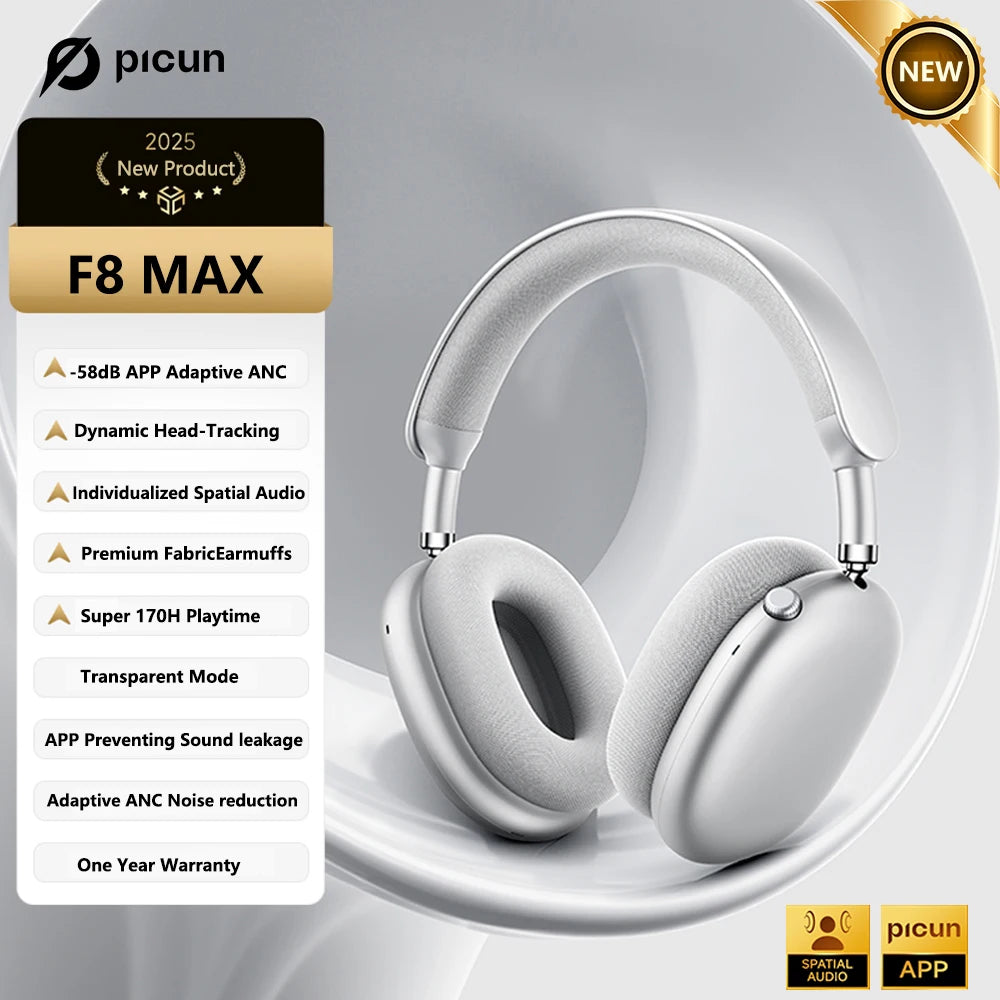Auriculares inalámbricos Picun F8MAX ANC con cancelación activa de ruido híbrida de 59dB, audio espacial, Bluetooth 6.0, diseño over-ear y hasta 180H