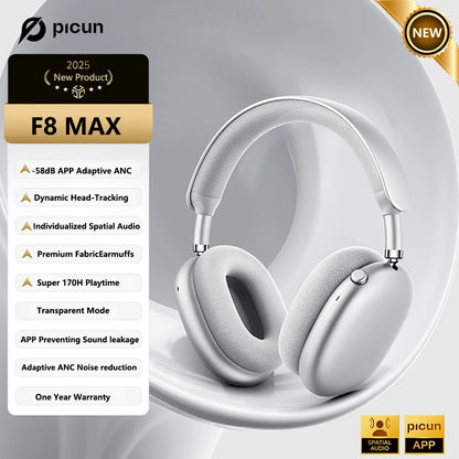 Auriculares inalámbricos Picun F8MAX ANC con cancelación activa de ruido híbrida de 59dB, audio espacial, Bluetooth 6.0, diseño over-ear y hasta 180H