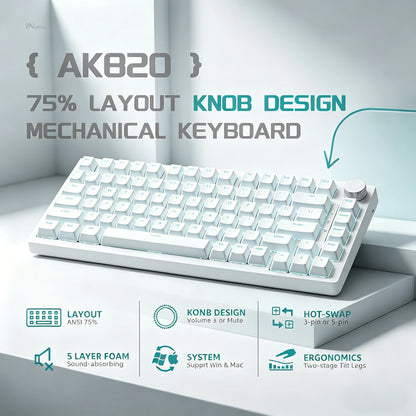 AJAZZ AK820 75% Wired Mechanical Keyboard: Hot‑Swappable, RGB/White/Ice‑Blue Backlit, Volume Knob Control | For Office & Gaming