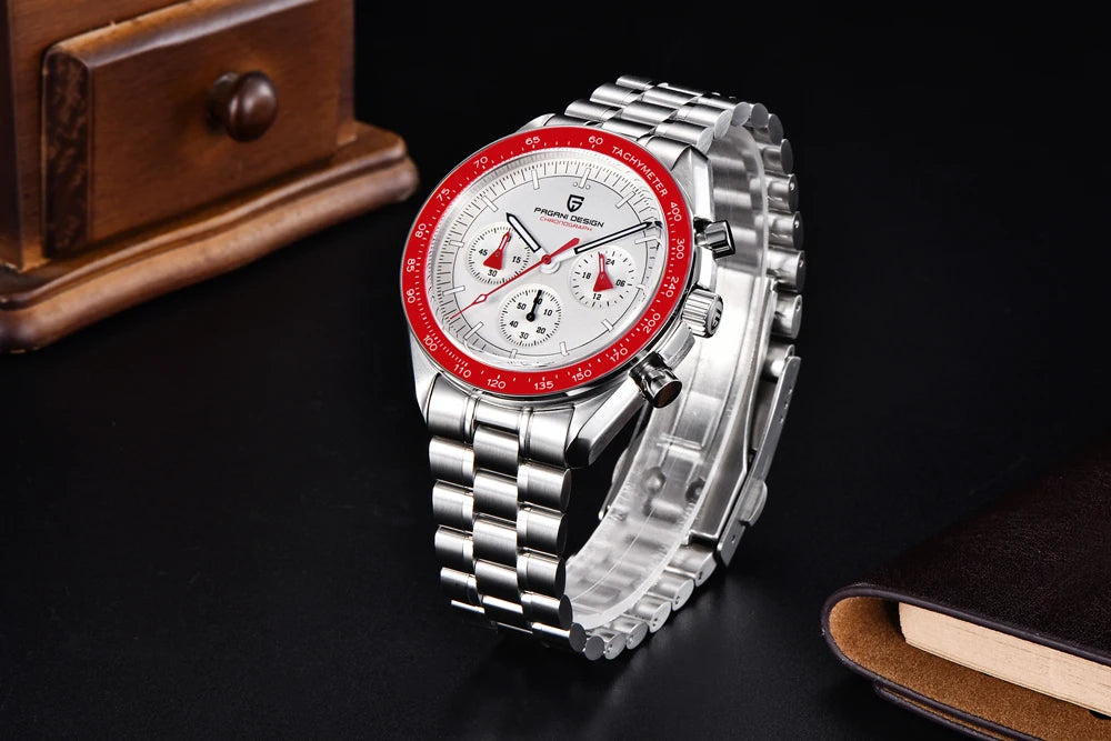Reloj para hombre PAGANI DESIGN «New Moon» – Reloj de cuarzo de lujo, cronógrafo, cristal de zafiro con tratamiento antirreflectante, bisel de cerámica, agujas luminiscentes