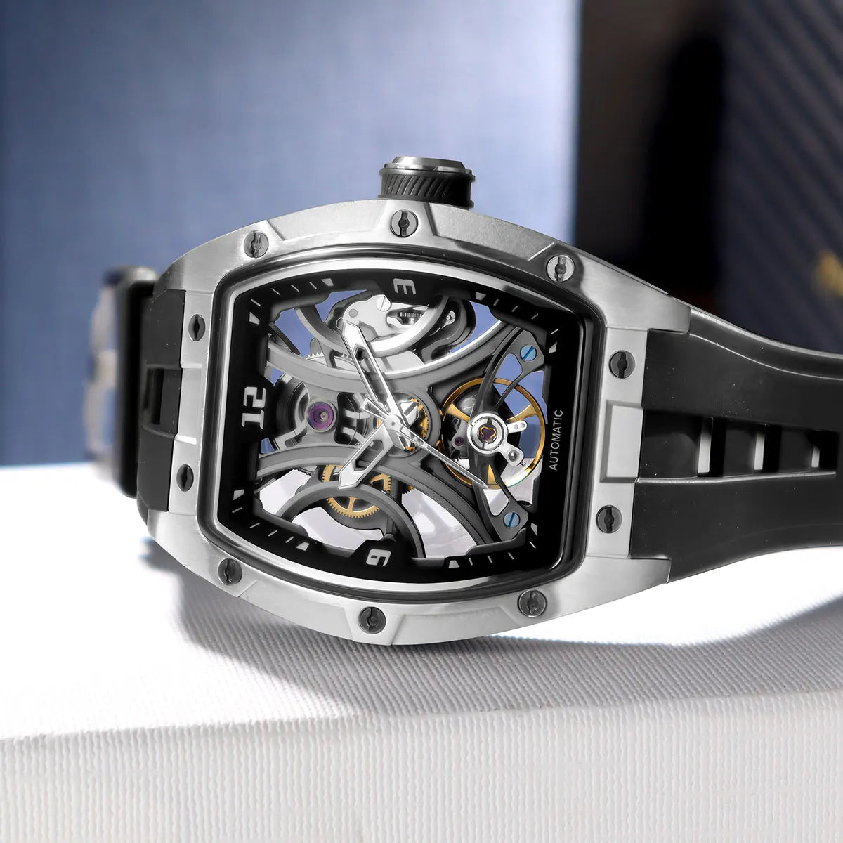 MEGIR Sports Style Automatic Mechanical Watch for Men Full Hollow Transparent Dial Design Stainless Steel Case Silicone Strap