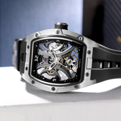 MEGIR Sports Style Automatic Mechanical Watch for Men Full Hollow Transparent Dial Design Stainless Steel Case Silicone Strap