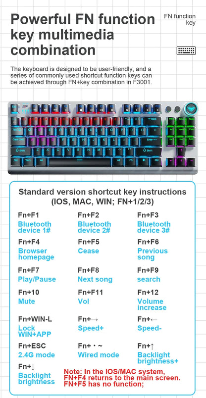 AULA F3001 Mechanical Keyboard Bluetooth Wireless Three Mode Metal Panel Two-color Injection Molding Cool Backlight Effect 87 Key