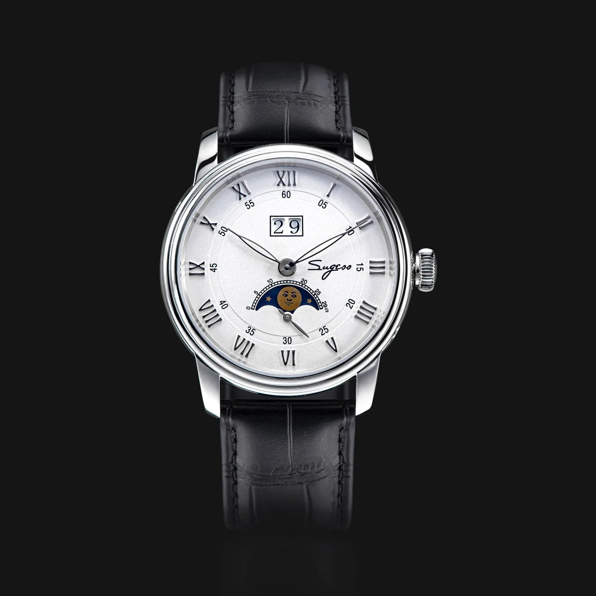 Sugess Moonphase Watch of Men 40mm Automatic Mechanical Wristwatches Seagul ST2528 Movement Stainless Steel Blue Sandstone Dial