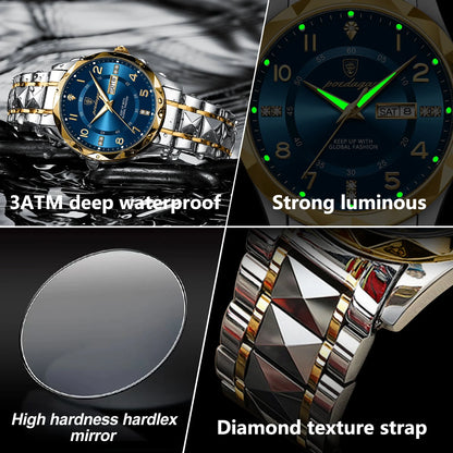 POEDAGAR Top Business Men Quartz Watch Waterproof Date Week Luminous Wristwatch Stainless Steel Fashion Men's Watches Man Clock