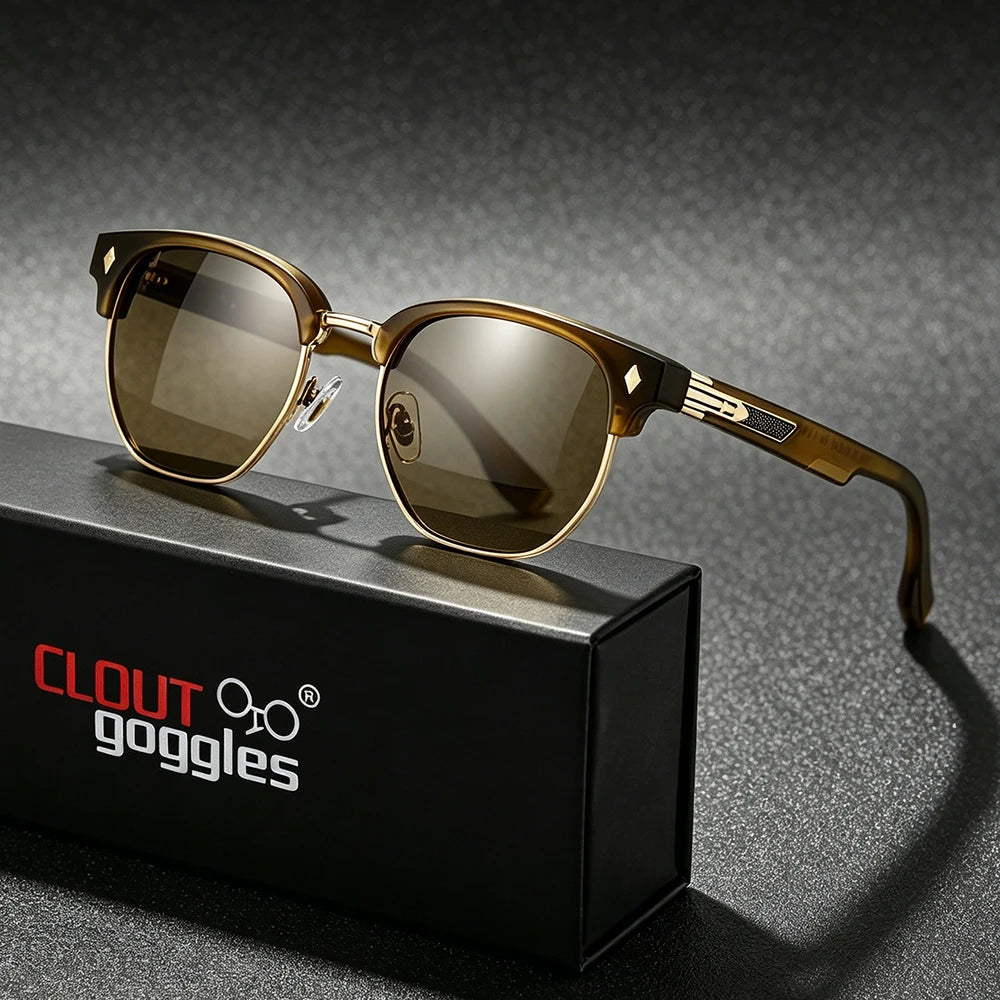 CLOUT GOGGLES Business Sunglasses Male Female Metal Polygon Rivet Half Frame Outdoor Driving Ultraviolet Protection Sun Glasses
