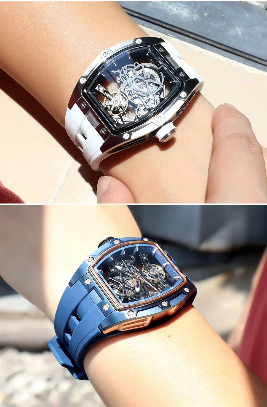 MEGIR 2242 Blue Automatic Watch for Men Sport Waterproof Stainless Steel Mechanical Wristwatch with Silicone Strap Skeleton Dial