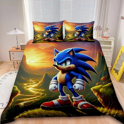 Conjunto de capa de edredão Sonic de 2/3 peças para crianças, conjunto de roupa de cama com capa de edredão para decoração de quarto, adolescentes e presentes para crianças, cama individual ou de casal