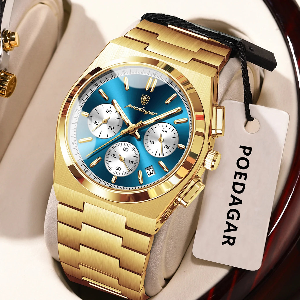 Pánské hodinky POEDAGAR – luxusní chronograf z nerezové oceli, s datem, vodotěsné a s luminiscenčními prvky – sportovní náramkové hodinky s quartzovým strojkem