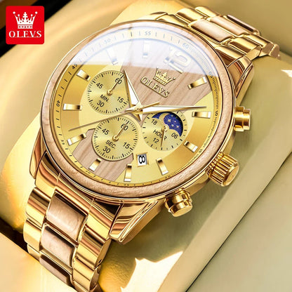 Reloj de hombre OLEVS 3645 de madera, de lujo, con iluminación nocturna, cronógrafo multifuncional, de cuarzo, estilo retro, reloj deportivo de moda.