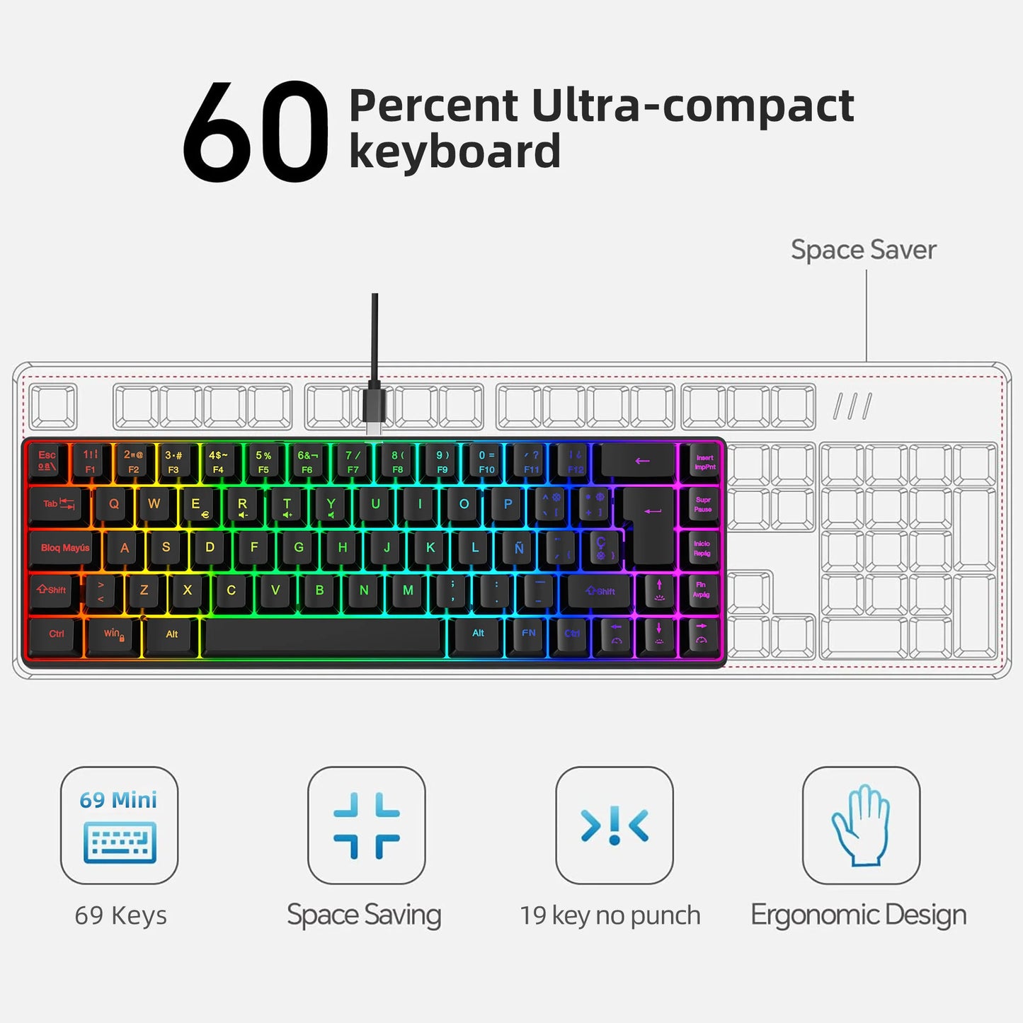 Offerta imperdibile! Tastiera gaming cablata spagnola a 69 tasti con retroilluminazione RGB, design compatto 68%, un accessorio indispensabile per professionisti e gamer