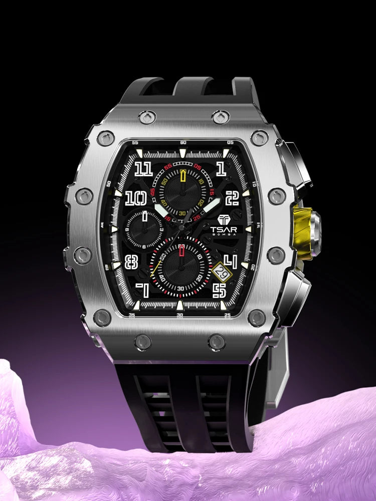 TSAR BOMBA Watch for Men Luxury Brand Tonneau Design Waterproof Clock Stainless Steel Wristwatch Fashion Rectangle Men's Watch