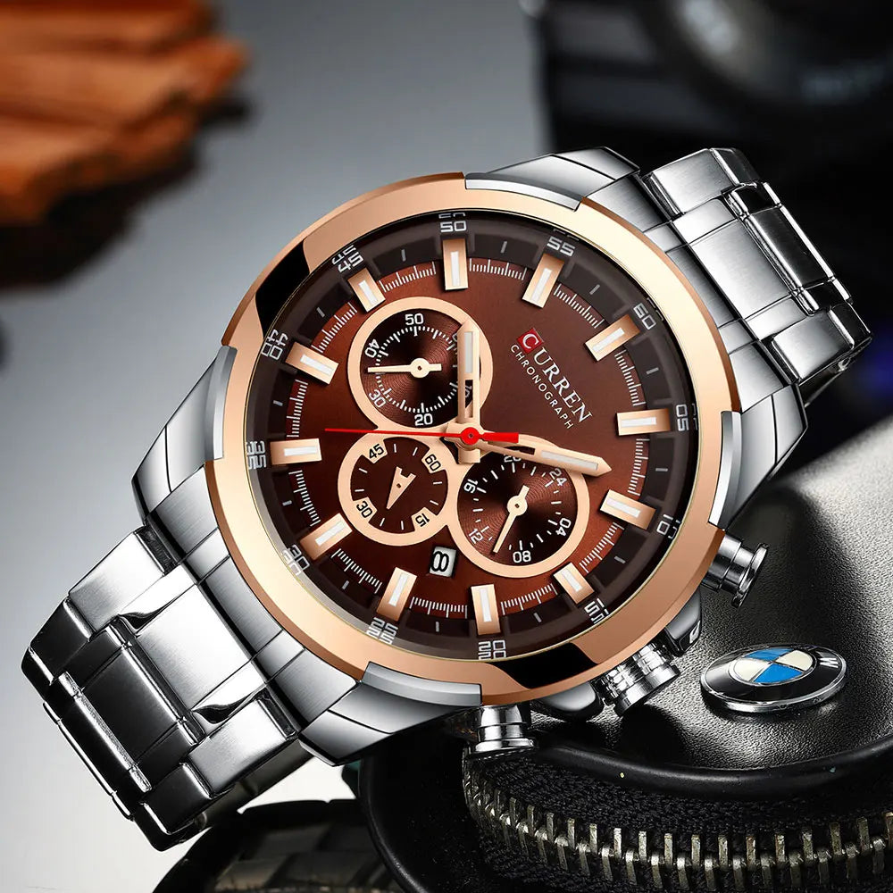 CURREN-miesten kronografikello, suuri 48 mm:n kellotaulu, ruostumattomasta teräksestä valmistettu rannekoru, kolme apukellotaulua, kvartsikäyttöinen urheilukello, ylellinen tyyli