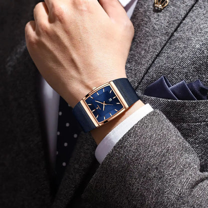 Montre pour homme POEDAGAR, modèle de luxe, bracelet en maille d'acier inoxydable, affichage de la date, étanche, aiguilles luminescentes, style décontracté, boîtier rectangulaire, mouvement à quartz.