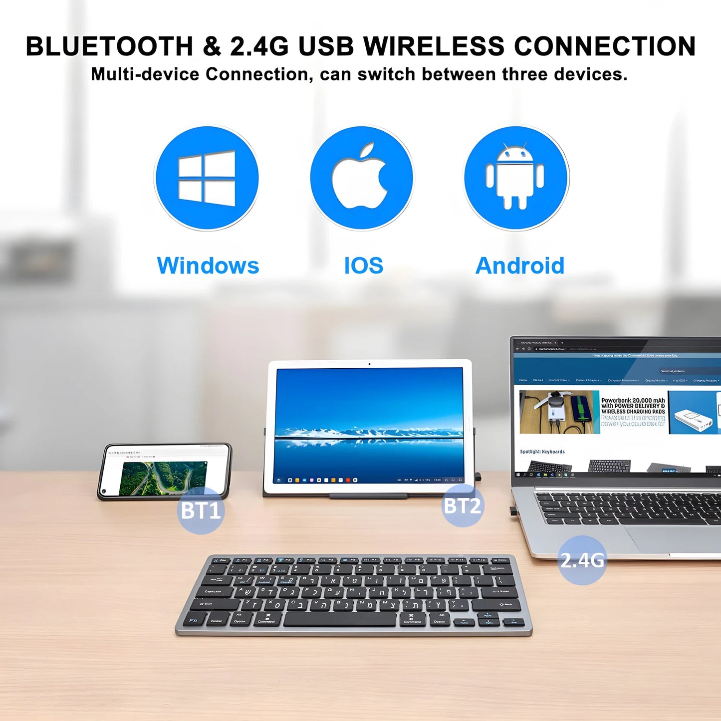 Teclado hebraico ultrafino Bluetooth e 2.4G de modo duplo Israel sem fios, silencioso, para iOS, iPad, tablets Android e Windows