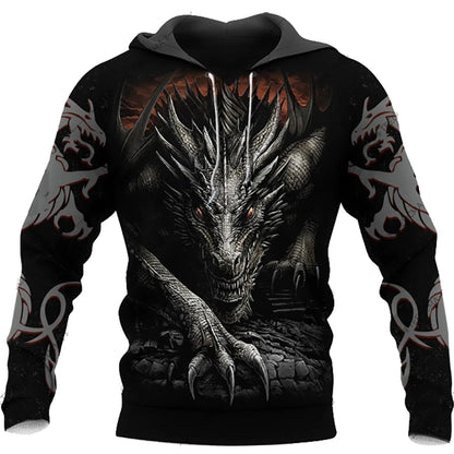 Sudadera con capucha unisex para hombre, manga larga otoño-invierno, estampado 3D de dragón estilo tatuaje, streetwear casual tipo pulóver en conjunto deportivo