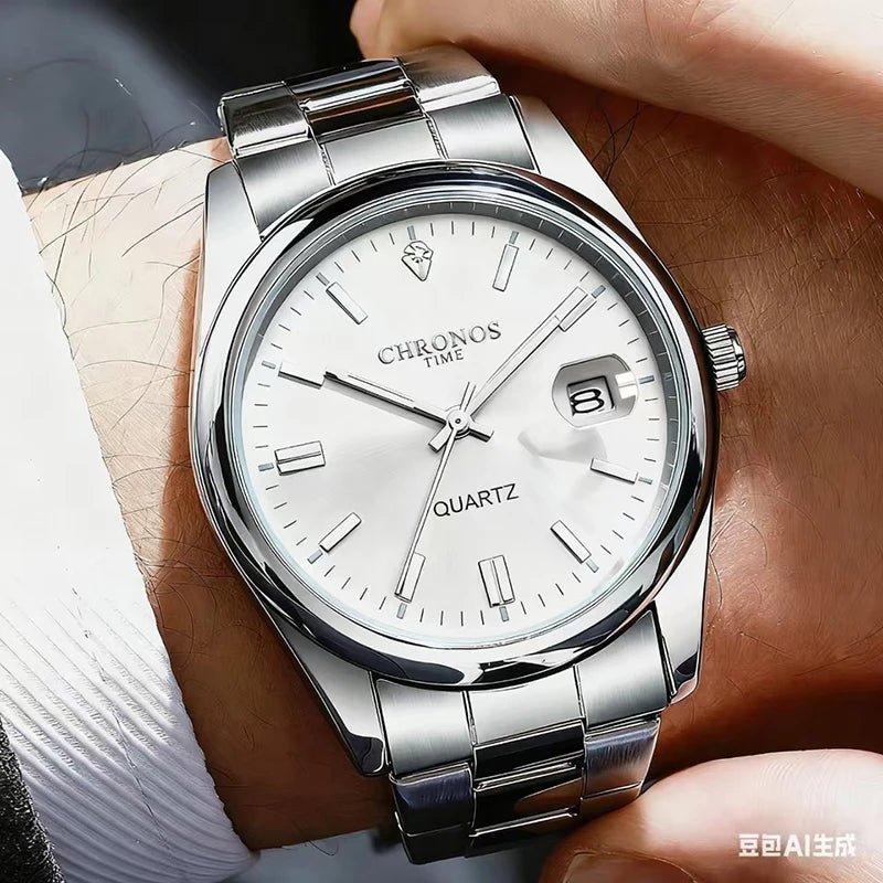 Ceas de mână pentru bărbați CHRONOS – Marcă de lux, rezistent la apă, luminat, cu afișaj al datei, din oțel inoxidabil, cu mecanism cu cuarț.