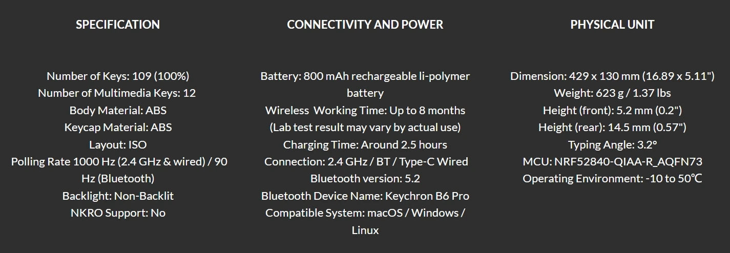 Teclado inalámbrico ultrafino Keychron B6 Pro con distribución ISO, tamaño completo, portátil y ligero, conexiones 2.4GHz y Bluetooth
