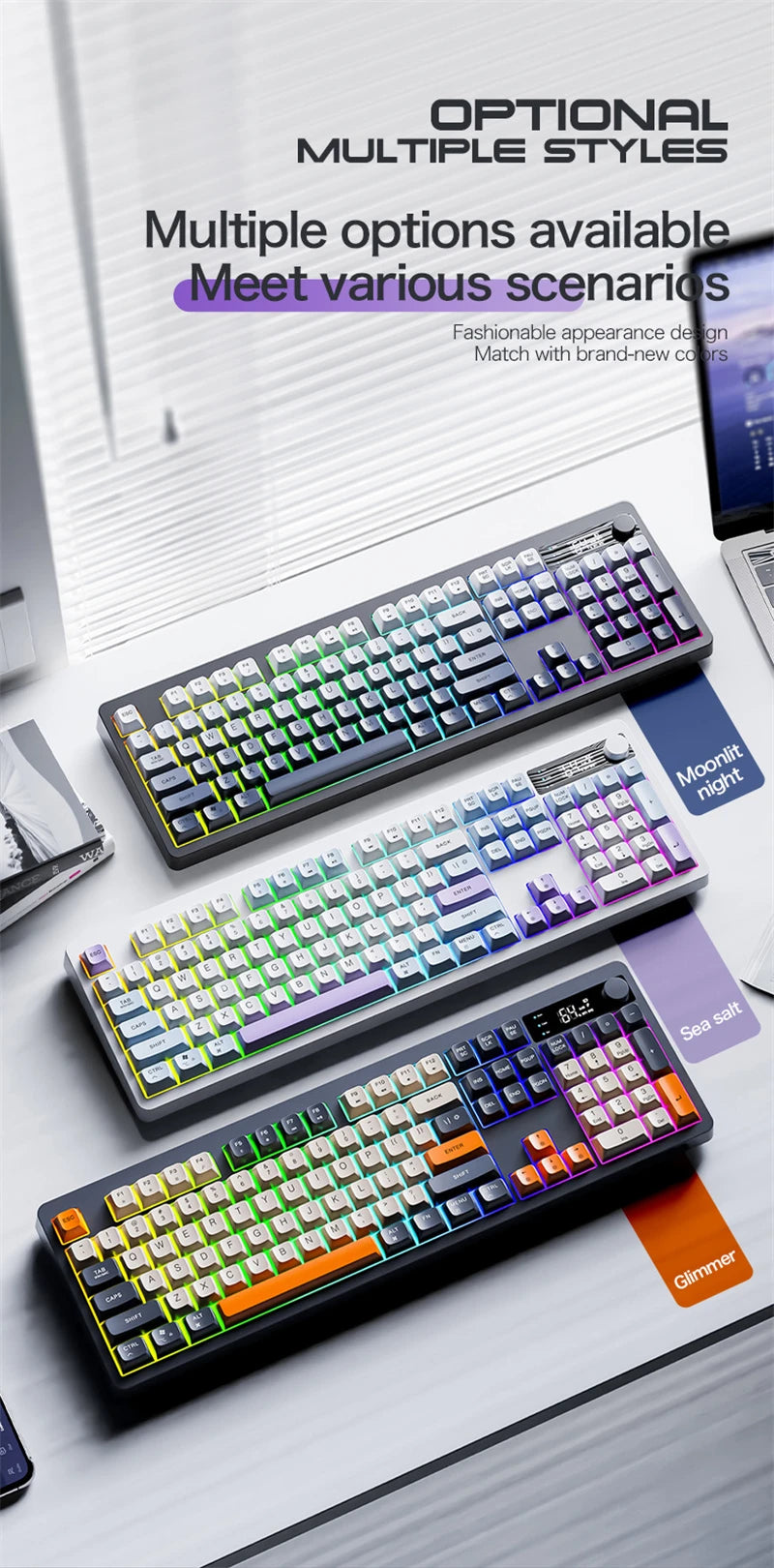 Spanish Wireless Keyboard Russian Spanish Arabic Korean 100% Keyboard Layout With Volume Knob TK100 RGB Light Type C Bluetooth