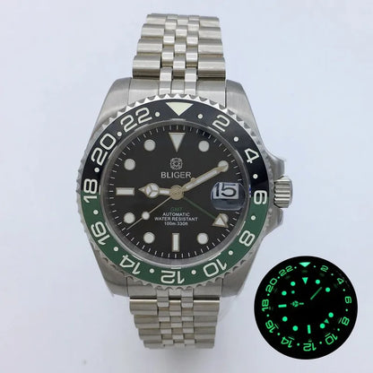 BLIGER 40mm NH34 GMT Watch For Men Mechanical Wristwatch Luminous Bezel Sapphire Glass Stainless Steel Bracelet Men's Watch