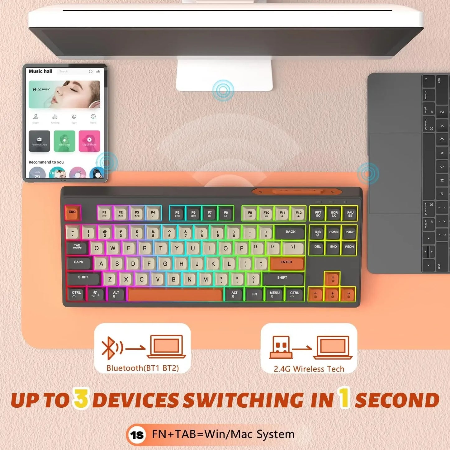 Teclado Gaming Sem Fios Free Wolf M87 75% - Switches Silenciosos, Retroiluminação Rainbow, BT/2.4G, Teclas PBT em Degradé, Design Compacto