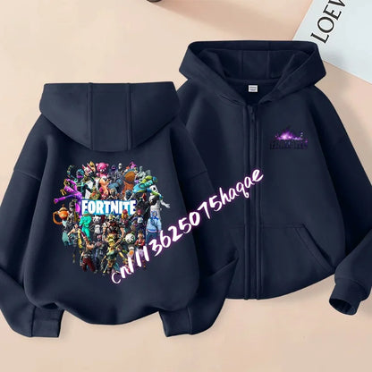 Casacos com capuz e fecho para criança Fortnites, sweatshirts Anime Fortress Night, sweatshirts gaming de primavera/outono, roupa desportiva infantil, presente