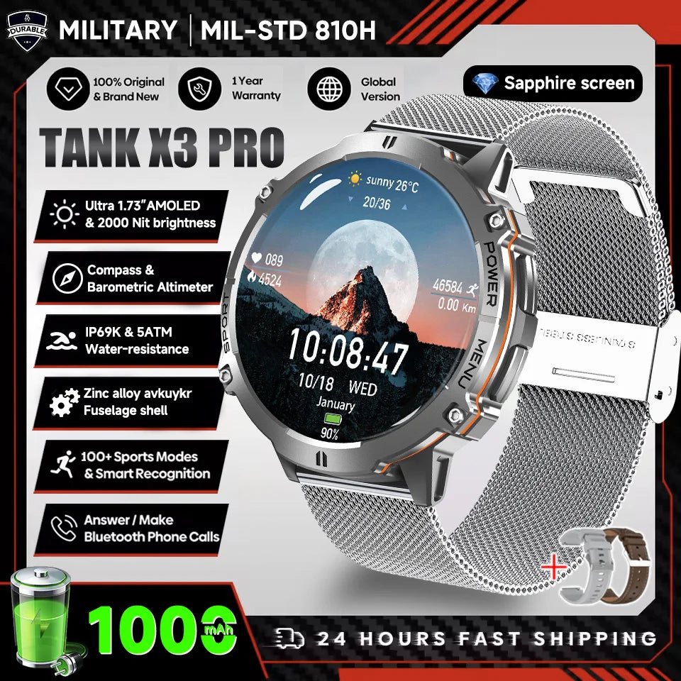 2026 Novo Smartwatch Militar TANK X3 para Homem, Bateria 1000mAh, 10ATM À Prova de Água para Natação, Percurso GPS, Ecrã AMOLED HD de 1.75", Chamadas e Desporto