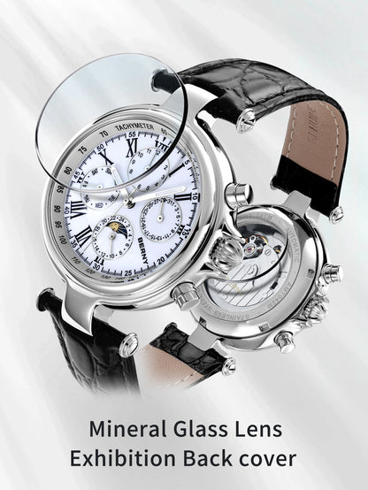 BERNY Classic Dress Automatic Watch for Men Luxury Stainless Steel Mechanical Wristwatch Leather Strap Waterproof Sliver Watches