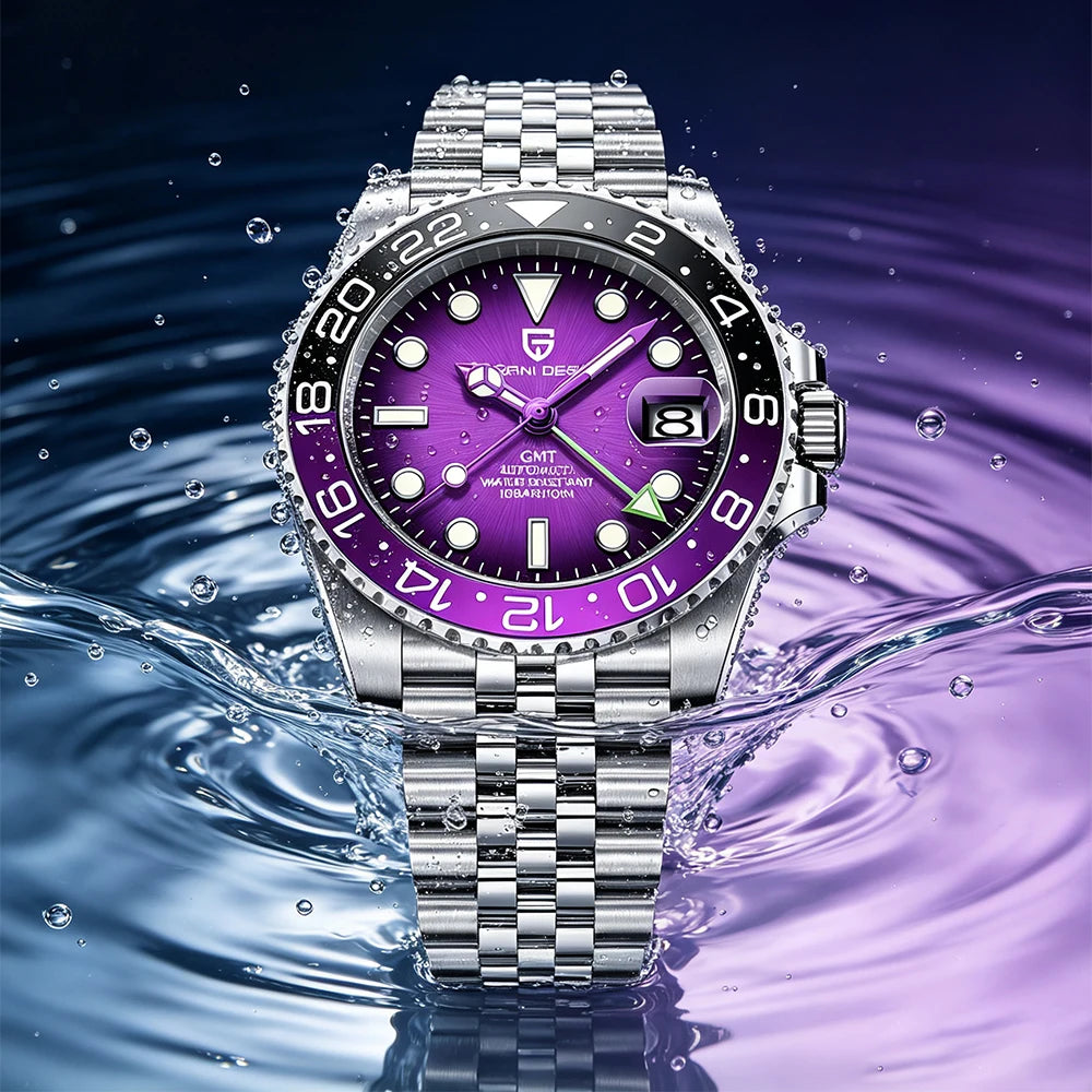 Montre mécanique pour homme PAGANI DESIGN (40 mm) – Cadran violet, fonction GMT, bracelet type Jubilee, verre saphir, étanche, mouvement automatique