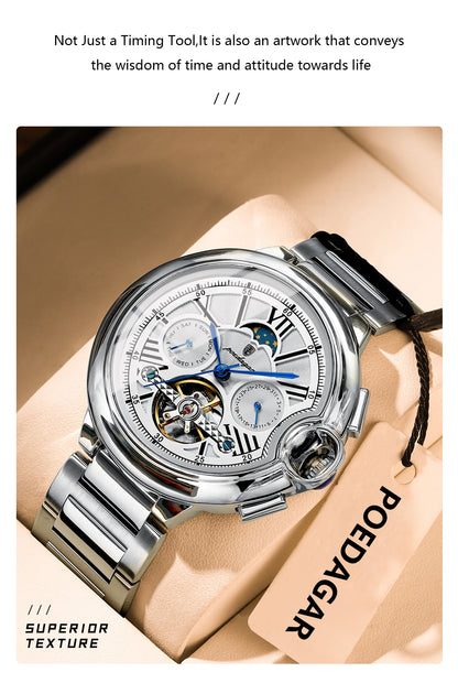 POEDAGAR Luxury Male Watch Tourbillon Date Week Stainless Steel Men Watch Waterproof Automatic Mechanical Military Men's Watches