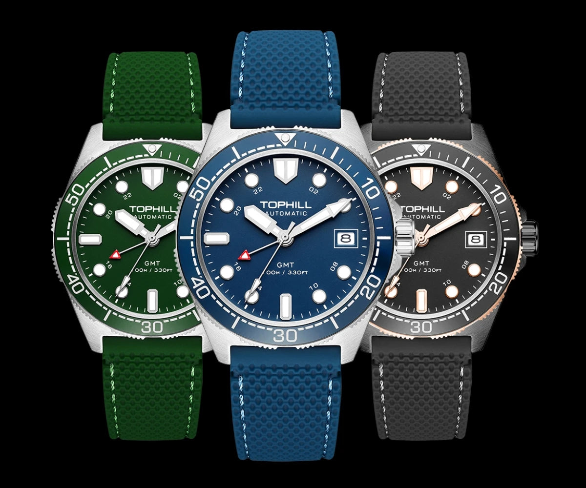 Tophill 39.5mm Automatic NH34 GMT Watch Swim 3H Date Window Mechanical C3 Green Lume 100M Waterproof Sapphire Crystal TD011G