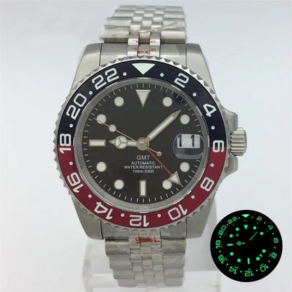 BLIGER 40mm NH34 GMT Watch For Men Mechanical Wristwatch Luminous Bezel Sapphire Glass Stainless Steel Bracelet Men's Watch
