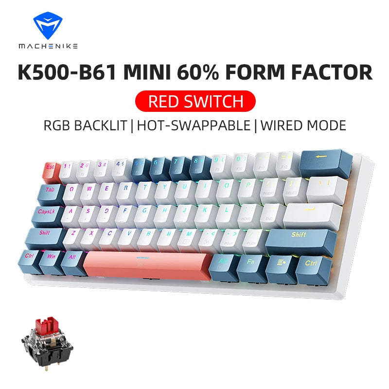 K500-B61 Machenike Mini Mechanical Keyboard 60% Form Factor 61Keys Gaming Keyboard Wired Full Key Hot-Swappable RGB Backlit