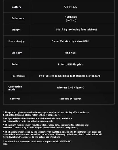 Mouse gaming wireless ATK Blazing Sky X1/X1V2 8K a bassa latenza, leggero per FPS, Liekong E-sports, accessori PC personalizzati