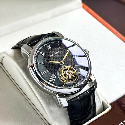 Mekanisk automatisk herreur – Elegant skeletdesign, trendy »business casual«-stil, urkasse i legering og læderrem, uden batteri
