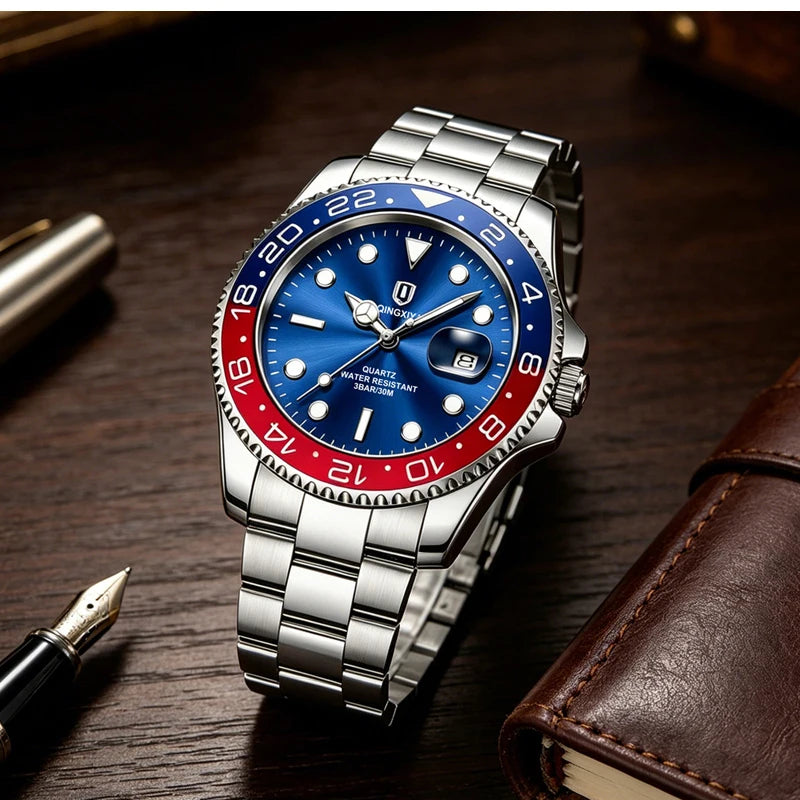 QINGXIYA Top Original Men Quartz Watches for Men Waterproof Calendar Stainless Steel Quartz Men Luxury Watch Luminous Wristwatch