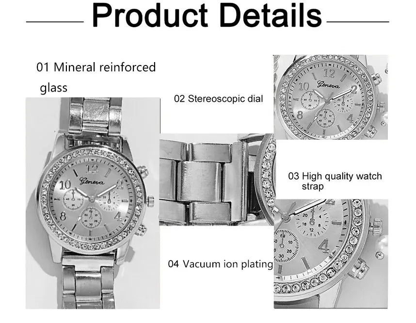 5PCS Quartz Watch Set Women Fashion Silver Round 3 Eyes Alloy Strap Wristwatch Gift Rhinestone Watch For Women Jewelry Set