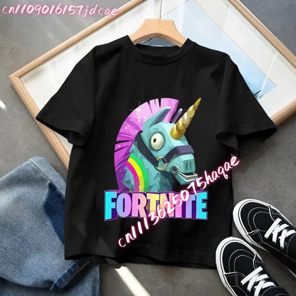 Fortnites Kids Black Cotton T-Shirt Fortress Night Baby Short Sleeve Tees Shirt Cartoon Boy Girl Summer Clothes Kawaii Tops Gift