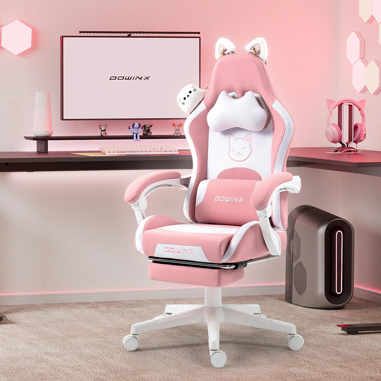 Sedia da gaming carina con orecchie da gatto, poggiapiedi, rosa kawaii, sedia per computer ergonomica con schienale alto, seduta gamer e supporto lombare a zampa di gatto