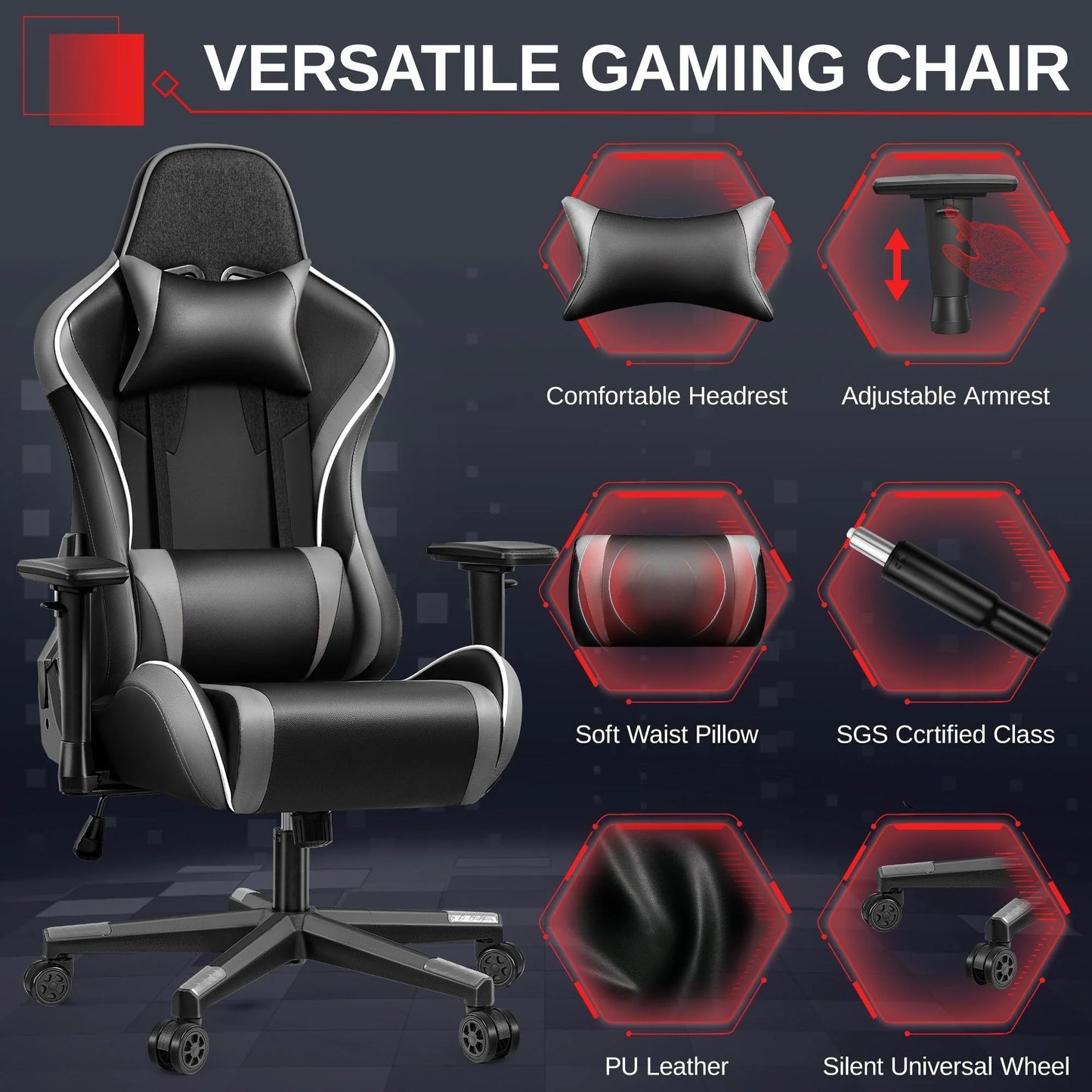 Ergonomic Gaming Chair with Headrest & Lumbar Pillow, 135° Reclining PU Leather Computer Chair for Gaming Office Setup